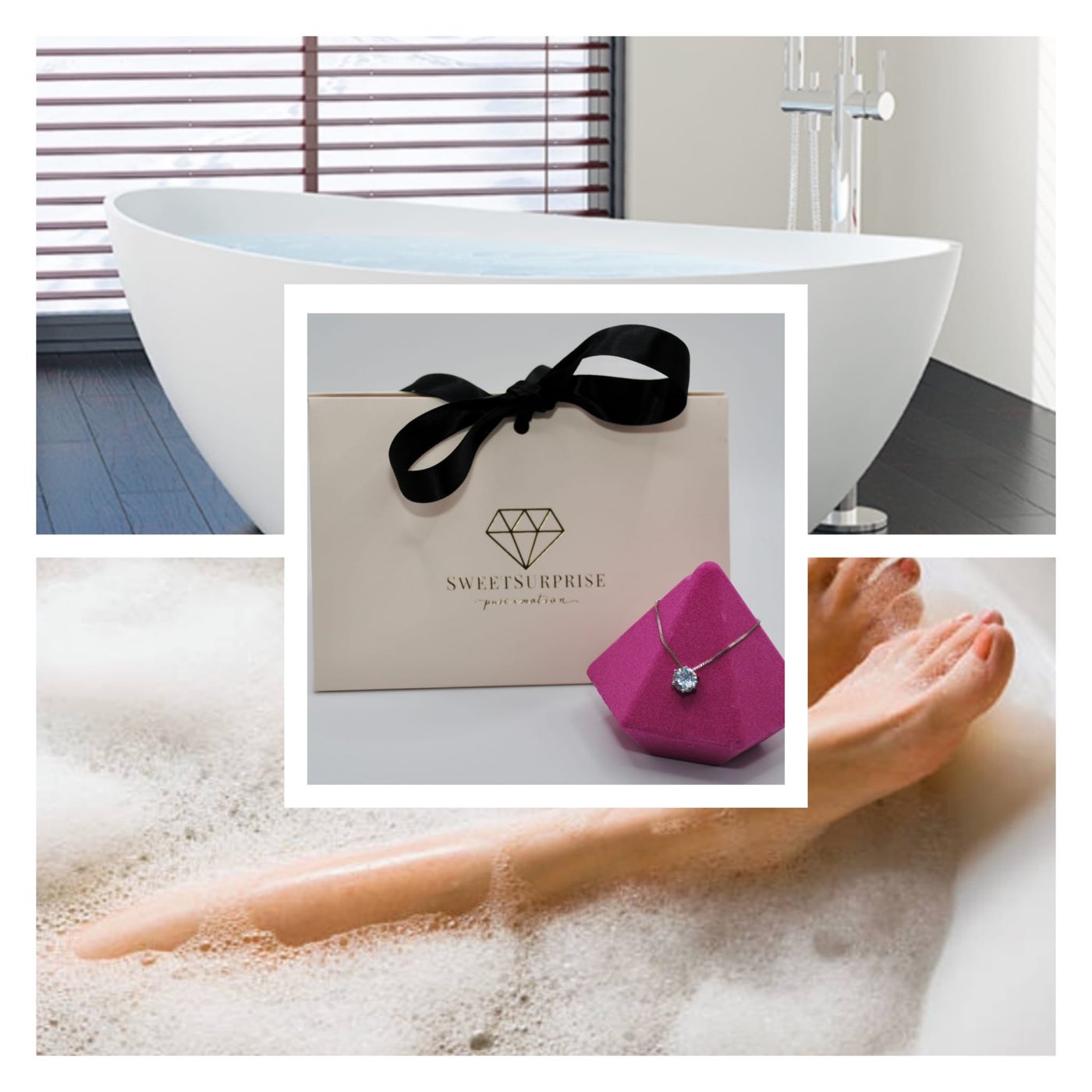 Coffret Sweet Surprise près d’une baignoire et expérience de bain relaxante