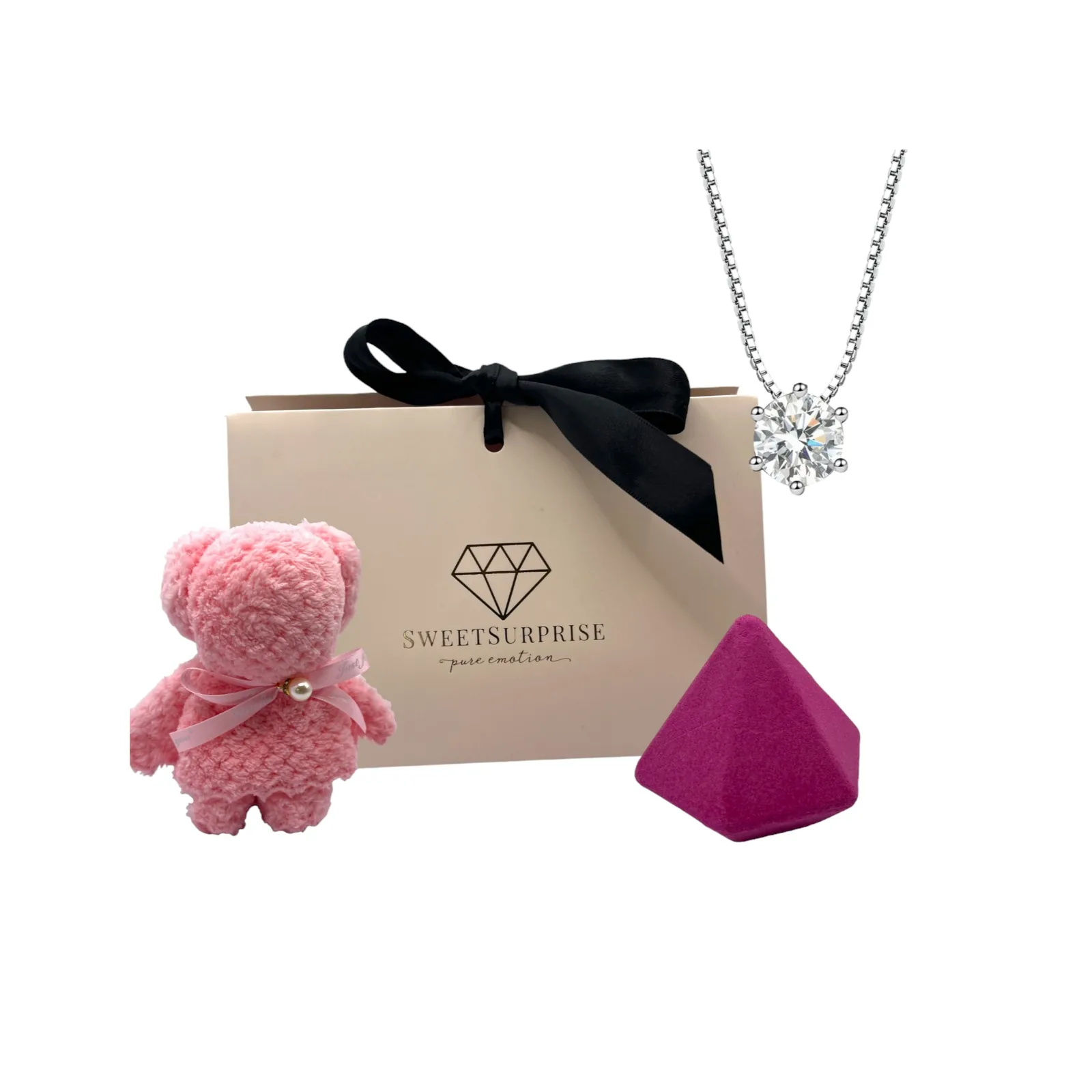 Sweet Surprise gift set with bath bomb, silver necklace, teddy cloth and heart card