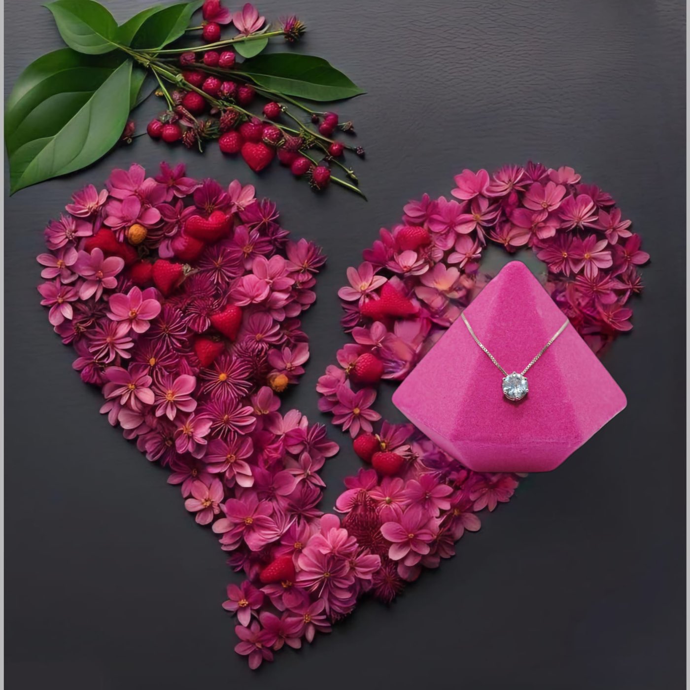 Collier en argent Sweet Surprise sur un cœur de fleurs roses